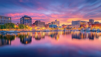 Fototapeta premium A bustling city with high-rise buildings and colorful lights reflecting in a peaceful waterfront at twilight