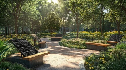 Fototapeta premium A city park with solar-powered benches and native plants, highlighting urban conservation efforts