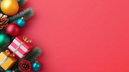 Festive Christmas Decorations with Ornaments and Gifts on Red Background