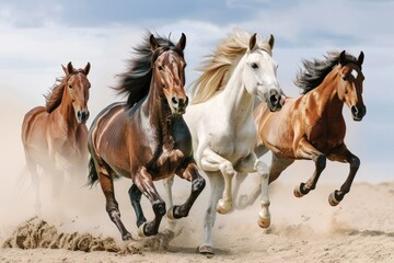 Obraz premium Ultra Hd Picture of Horses Run Fast in Sand Against Dramatic Sky