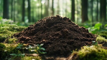 A pile of dirt is sitting forest moss  
