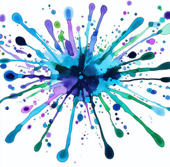 Watercolor Blue and Purple Splash Clipart – Paint Stains and Ink Blots on a White Background, High-Resolution Artistic Design Element