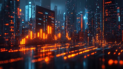 Obraz premium Futuristic Cityscape: Neon Lights and Financial Data Visualization