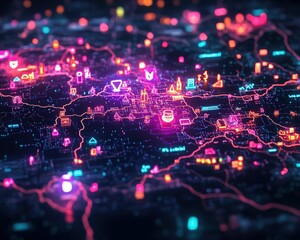 Fototapeta premium A vibrant, neon-lit digital map with various icons representing locations and features, highlighting a futuristic urban landscape.