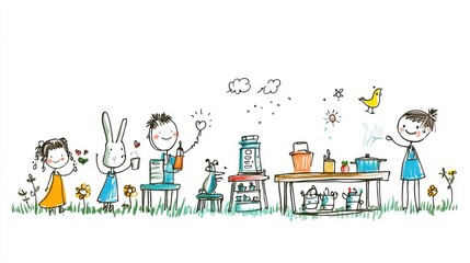 Whimsical Illustration of Children and Animals Cooking Together in a Bright and Cheerful Outdoor Setting