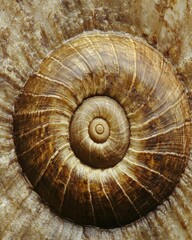 Close-up of a spiral seashell showcasing intricate patterns and textures.