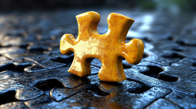 Golden Puzzle Piece Rests on Dark Jigsaw Puzzle, Symbolizing Solutions and Problem-Solving