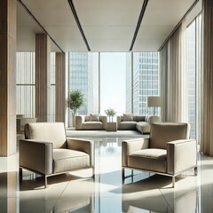 Fototapeta premium Bright office lounge with sleek chairs, large windows, and panoramic views of city skyscrapers