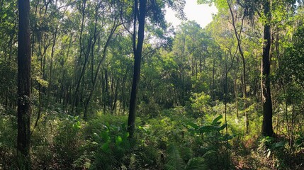 Fototapeta premium A dense forest showcasing multiple layers of biodiversity, from ground plants to towering treetops