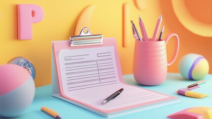 Yearly tax checklist clipboard and pen illustration vibrant office setting digital colorful background creative workspace concept