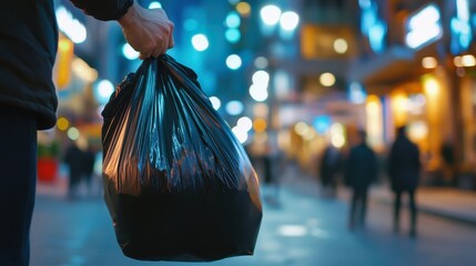 Obraz premium Hand holding garbage black bag putting in to trash,Garbage bag in a trash bin,waste management and recycling concept,black plastic bags,Waiting for the rubbish keeper officers to take them away.