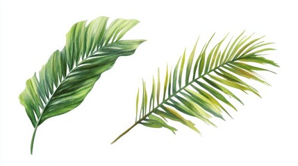 Two Vibrant Green Palm Leaves Isolated on White Background