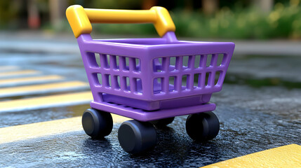 Purple and Yellow Shopping Cart Rests on Wet Asphalt with Yellow Stripes and Green Background Blur
