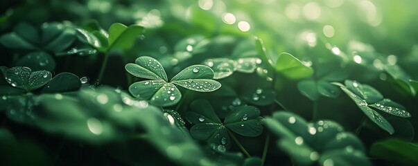 Dew-kissed clover leaves in a lush green field.