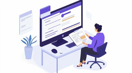 A person sits at a desk, engaging with a computer screen, reviewing documents, and surrounded by plants in a modern workspace.