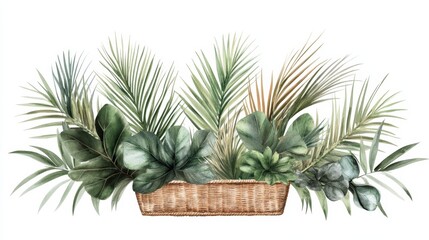 Fototapeta premium Lush Greenery Arrangement in Woven Basket with Tropical Leaves