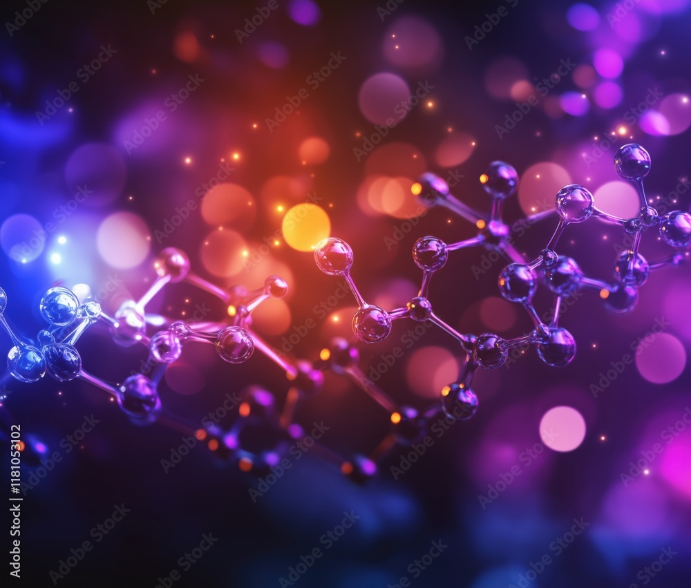 Poster molecular structure visualization with colorful bokeh background, abstract representation of chemist