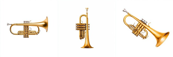 Fototapeta premium Civil War rebellion concept. Three golden trumpets displayed in a row against a white background.