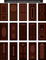 illustration set wooden door design with floral, wood, wooden, doors, wooden doors