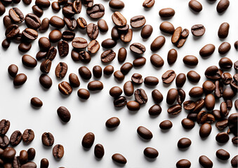 Aromatic Roasted Coffee Beans Scattered on White Background Rich Brown Tones Food Texture