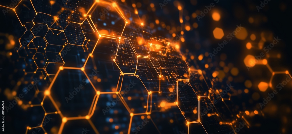 Poster hexagonal network structure illuminated with glowing orange lines and particles, representing digita