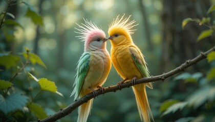 Obraz premium Two Colorful Birds Perched on Branch Sharing Affectionate Moment