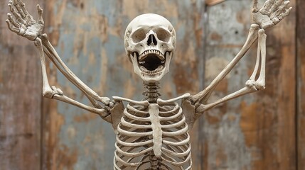 A skeleton is shown with its arms raised and its mouth open 