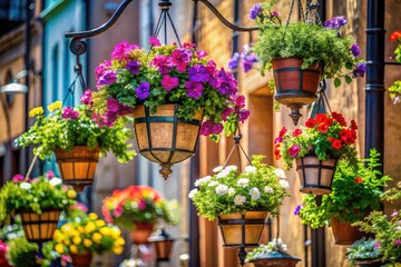 Hanging Flower Pots Urban Decor: Street Photography, Cityscape, Architectural Detail, Light Pole, Floral, Vertical Garden, Plant Pots, Balcony Plants