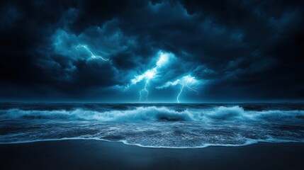 Naklejka premium Dramatic Thunderstorms Over Ocean Waves with Vivid Lightning Strikes Under Darkened Sky at Night