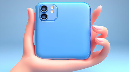 3D Rendered Light Blue Smartphone Held in Hand Showcasing Dual Camera