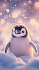 Cute penguin chick in snowy landscape with soft lighting and bokeh effect
