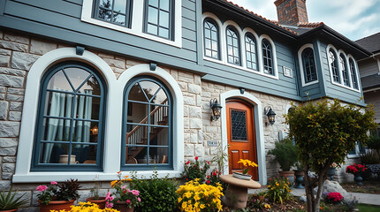 Fototapeta premium A gray and stone two-story house with arched windows and a wooden door. Landscaping includes flowers and shrubs in front. The house has a classic architectural style.