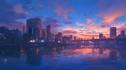 Naklejka premium City lights glowing at twilight over a peaceful river, capturing the beauty of the evening sky