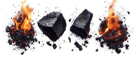 Set of burning charcoal and glowing embers isolated
