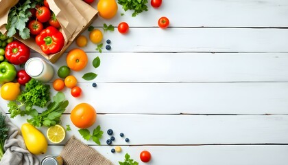 A paper bag filled with fresh fruits and vegetables, representing nourishment and support for a food bank initiative, resting on a wooden surface