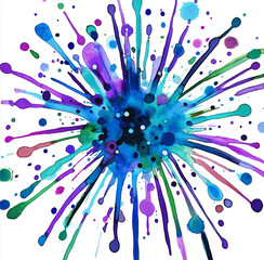 Watercolor Blue and Purple Splash Clipart – Paint Stains and Ink Blots on a White Background, High-Resolution Artistic Design Element
