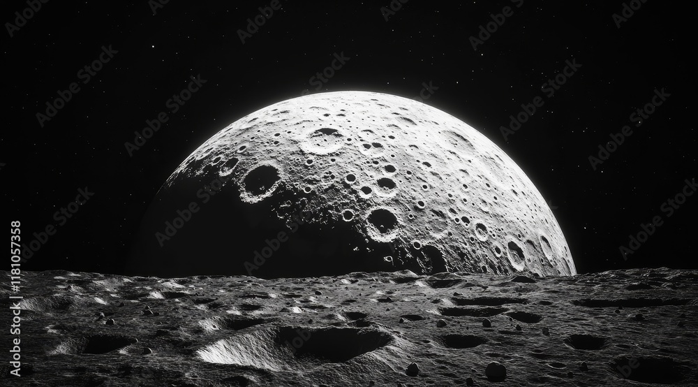 Wall mural moon's cratered surface, half-moon view from space.
