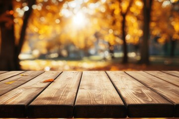 Fototapeta premium Autumnal park background; wooden table display