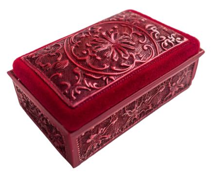 close jewelry box with gothic ornament pattern in red ruby color isolated on white background