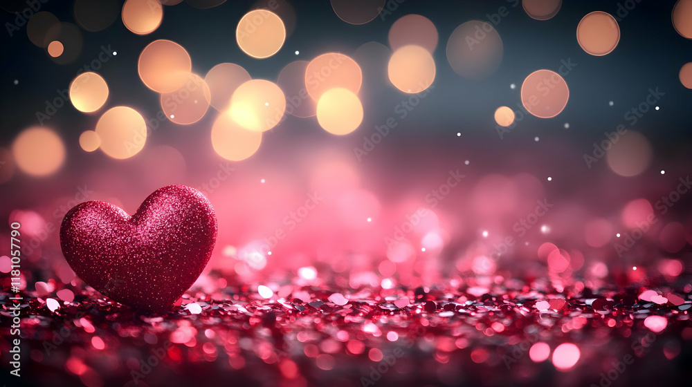 Sticker Glittering Red Heart Shines on a Sparkling Background with Dreamy Bokeh Lights Gracefully