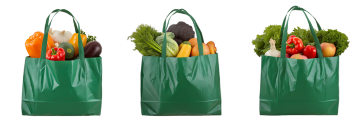 3 green grocery bags filled with various vegetables and fruits, transparent background PNG file