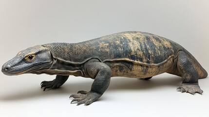 Obraz premium Close-up of a Komodo dragon, showcasing its scales, claws, and powerful physique against a neutral background.