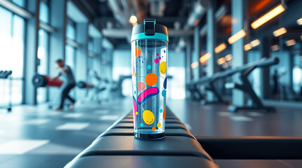 A vibrant, patterned water bottle on a gym bench, depicting an active and stylish fitness environment emphasizing hydration and fitness routines inside a modern, well-lit gym interior.