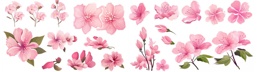 Fototapeta premium watercolor bundle set of pink flowers with green leaves, with various types of beautiful and beautiful flowers, easy to use with a white background vector Illustration set