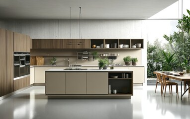 Modern Minimalist Kitchen Design With Island And Garden View