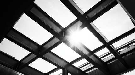A sunbeam shines through a modern glass structure in black and white.
