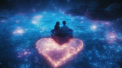 A couple sitting on a floating heart-shaped boat in a glowing fantasy ocean