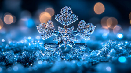Fototapeta premium Intricate Ice Crystal Snowflake Rests on Sparkling Snow with Festive Bokeh Lights