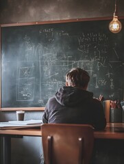 A photo of a student solving complex equations on a chalkboard in a cozy study room.