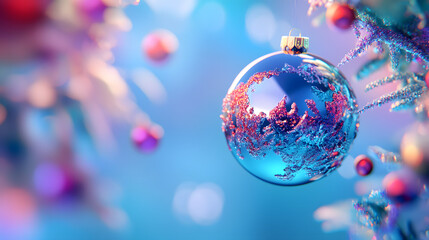 Fototapeta premium 3D Illustration of Christmas Ball Icon with Holiday Decorations on Blue Background.